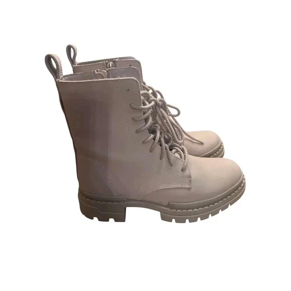 Steve Madden Woman's 7.5 Light Gray Jamisyn Leather Combat Lace Up Lug Boots